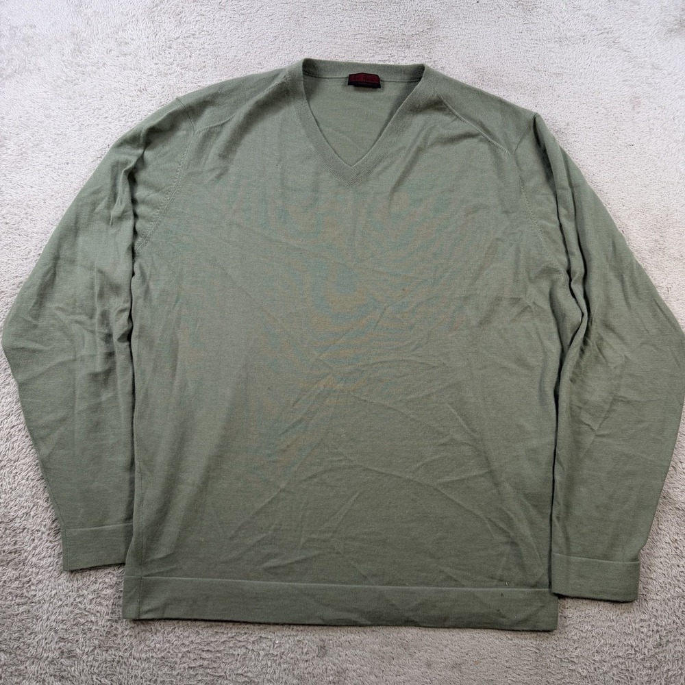 Lenor Romano Sweater Mens Large Green 100% Cashmere V-Neck Lightweight Soft